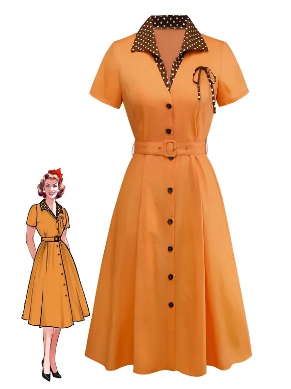 Orange 1940s Cotton Polka Dot Lapel Bow Dress sold by Retro Stage