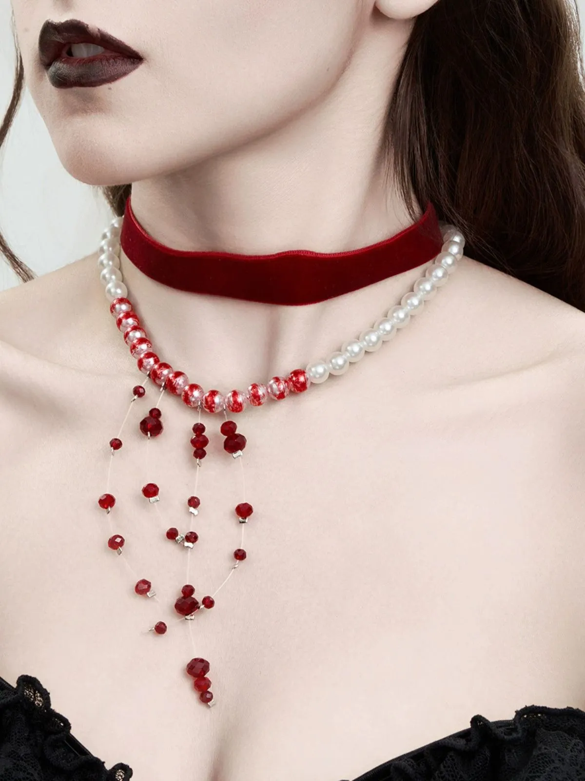 Red Gothic Vampire Velvet Choker Necklace sold by Retro Stage product image thumbnail 4