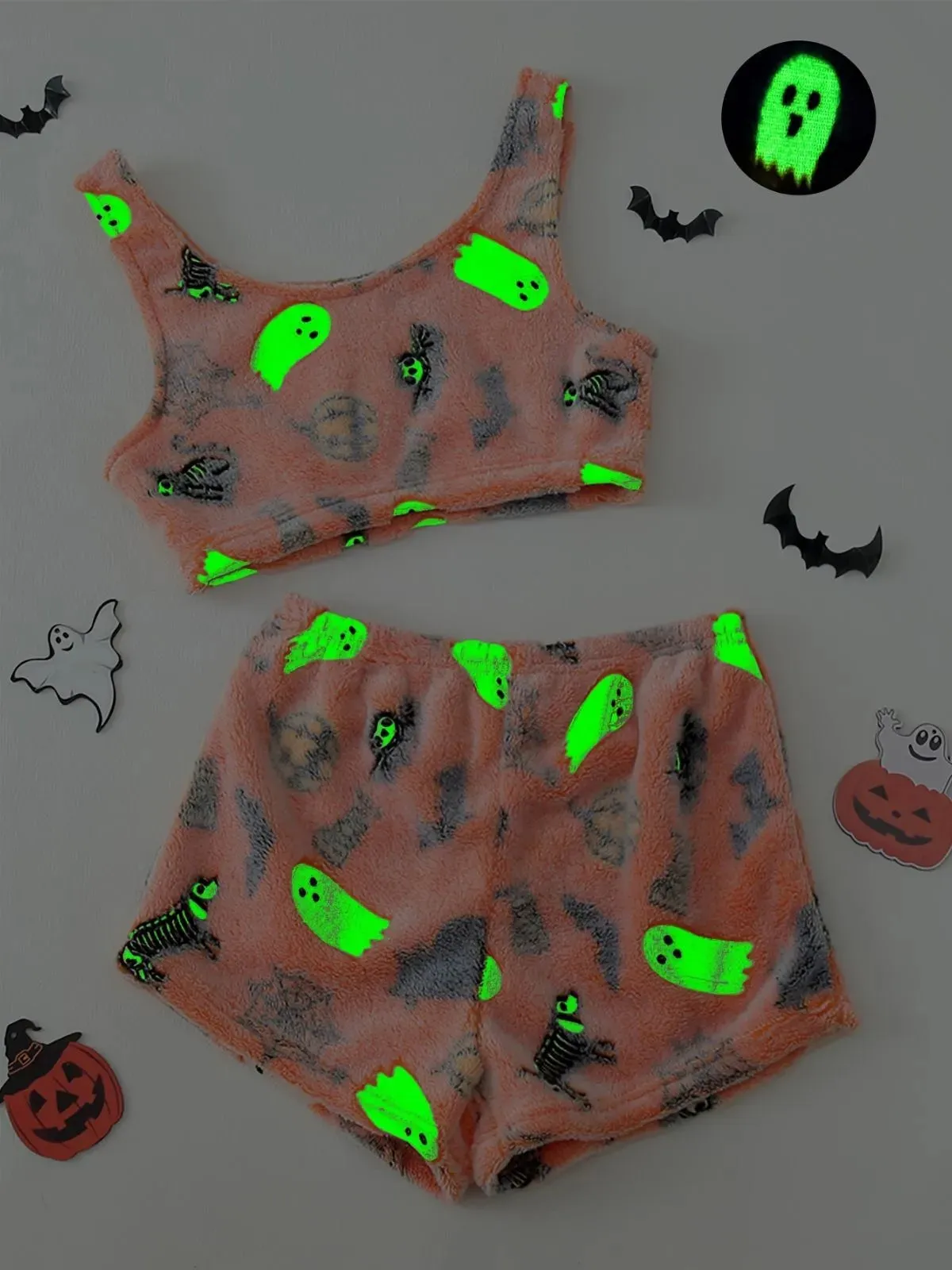 2PCS Orange 1970s Glowing Halloween Ghost Flannel Pajama Set sold by Retro Stage product image thumbnail 3