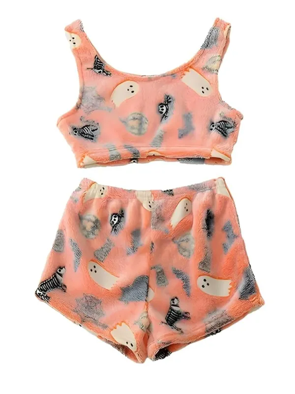 2PCS Orange 1970s Glowing Halloween Ghost Flannel Pajama Set sold by Retro Stage