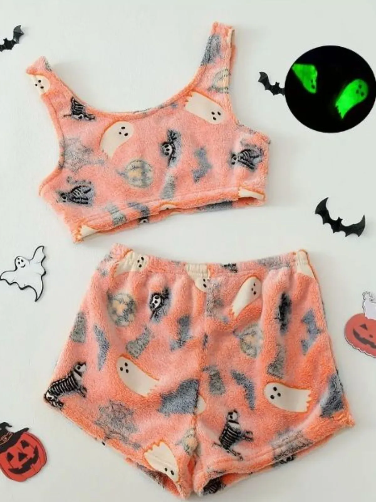 2PCS Orange 1970s Glowing Halloween Ghost Flannel Pajama Set sold by Retro Stage product image thumbnail 2
