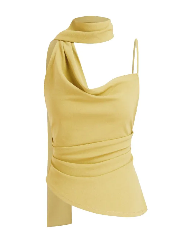 Yellow 1970s Scarf Neck Ruched Cowl Top sold by Retro Stage