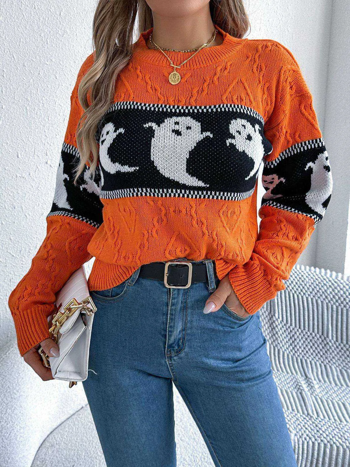 Orange 1940s Halloween Ghost Knit Sweater sold by Retro Stage
