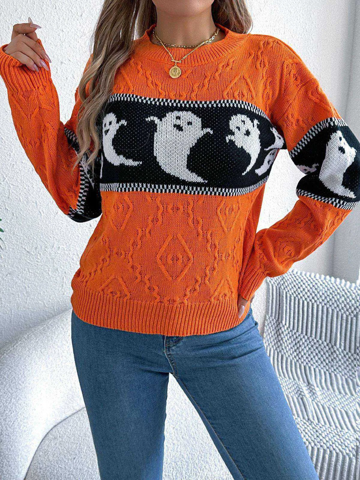 Orange 1940s Halloween Ghost Knit Sweater sold by Retro Stage product image thumbnail 3