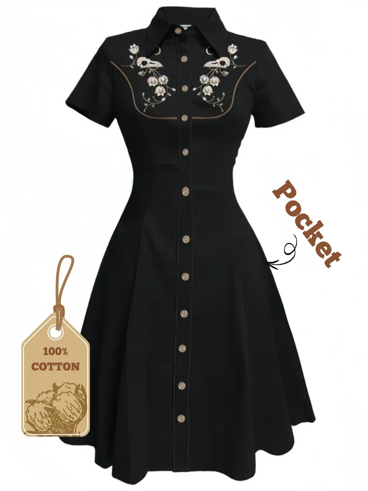 Black 1950s Cotton Floral Embroidered Western Style Dress sold by Retro Stage