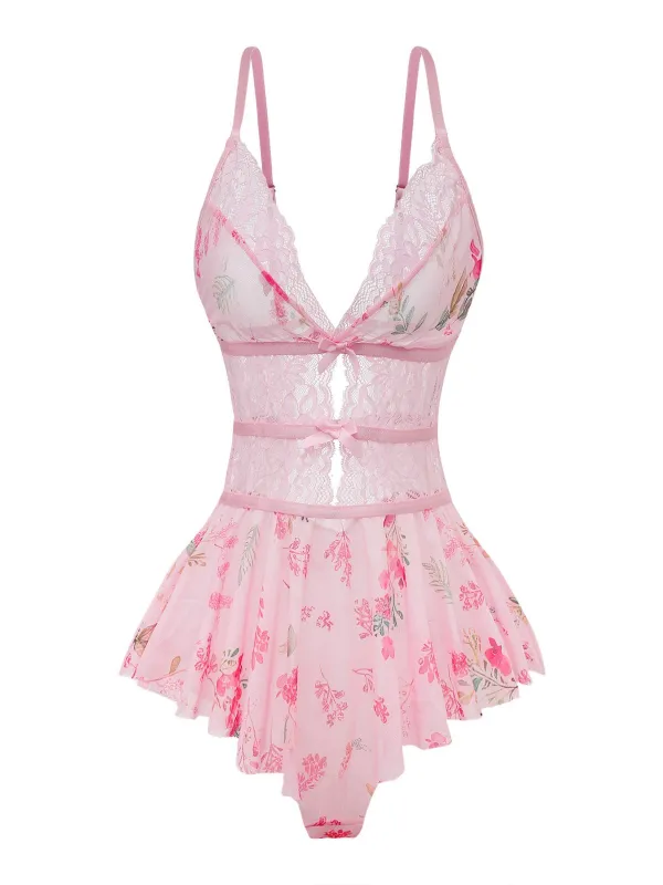 Pink 1970s Floral Lace Sheer Nightgown sold by Retro Stage