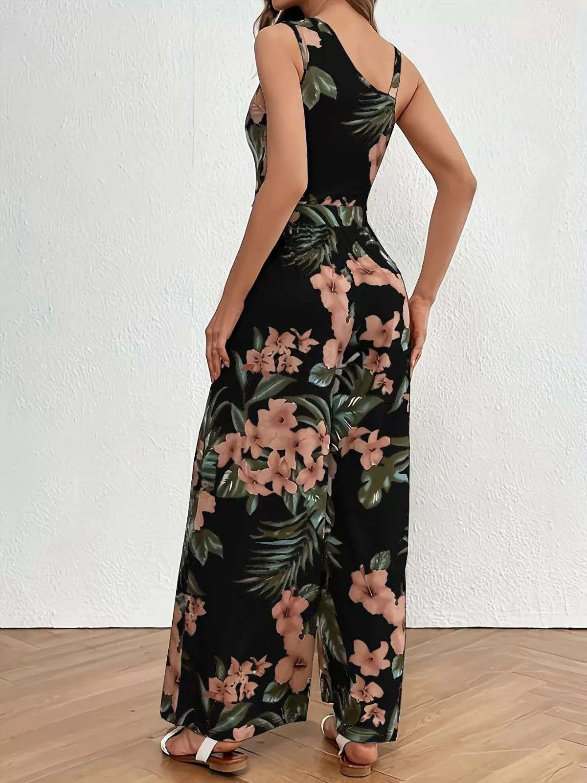 Black 1930s Floral Leaf Asymmetric Sleeveless Jumpsuit sold by Retro Stage product image thumbnail 3