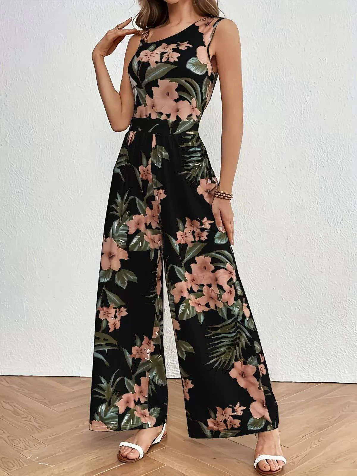 Black 1930s Floral Leaf Asymmetric Sleeveless Jumpsuit sold by Retro Stage product image thumbnail 2