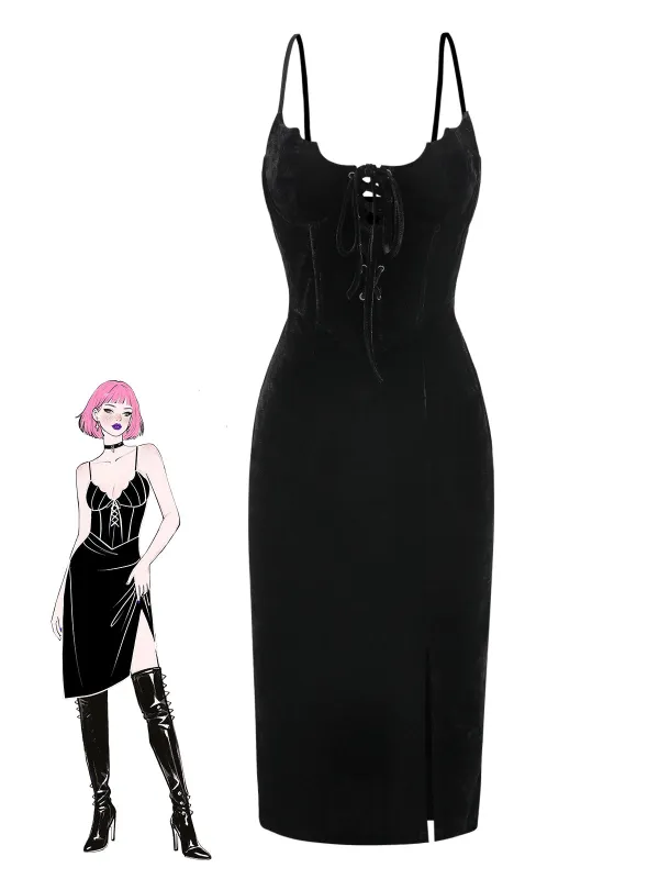 Black 1960s Bat Neckline Velvet Slit Dress sold by Retro Stage