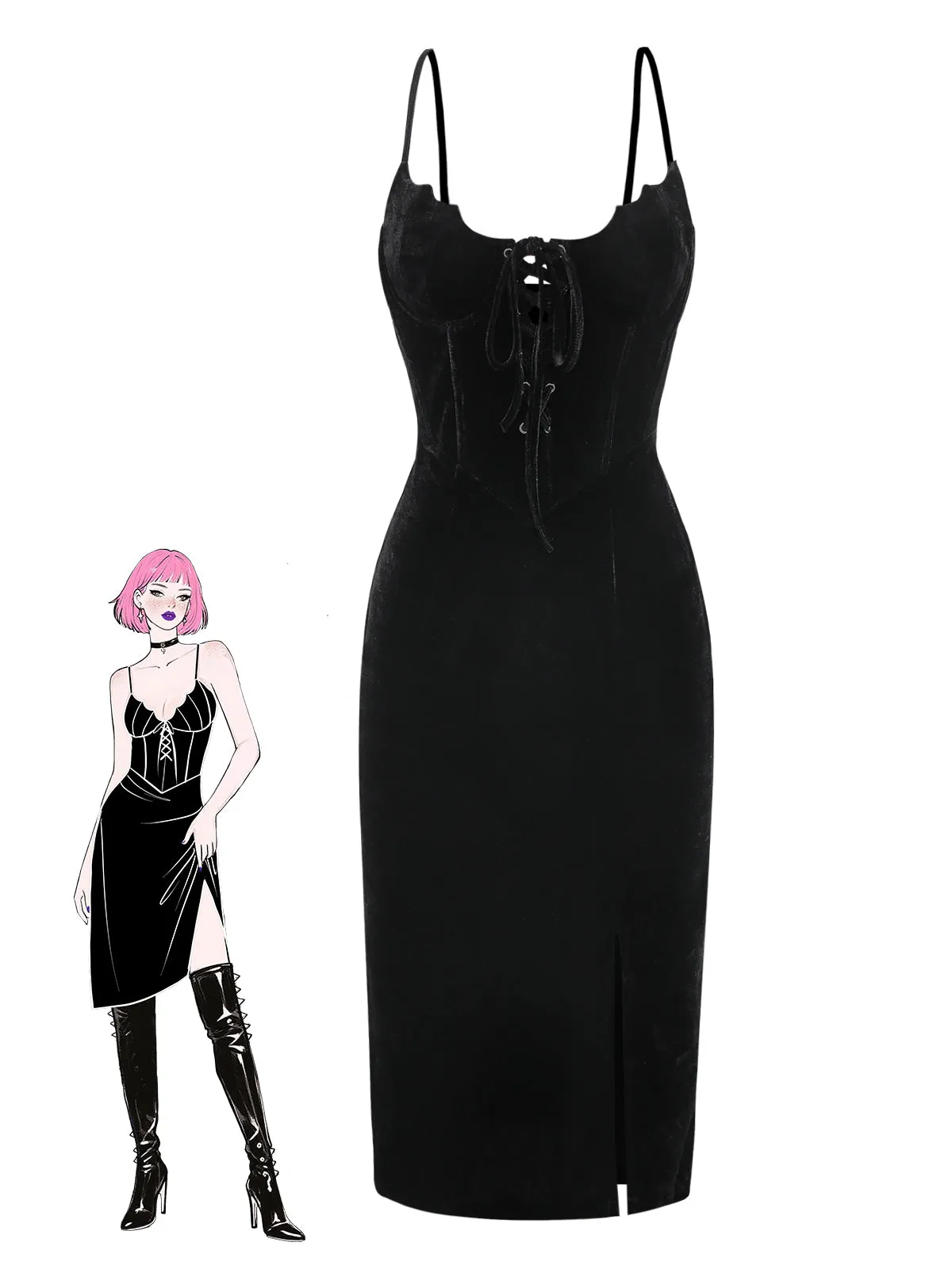 Black 1960s Bat Neckline Velvet Slit Dress sold by Retro Stage