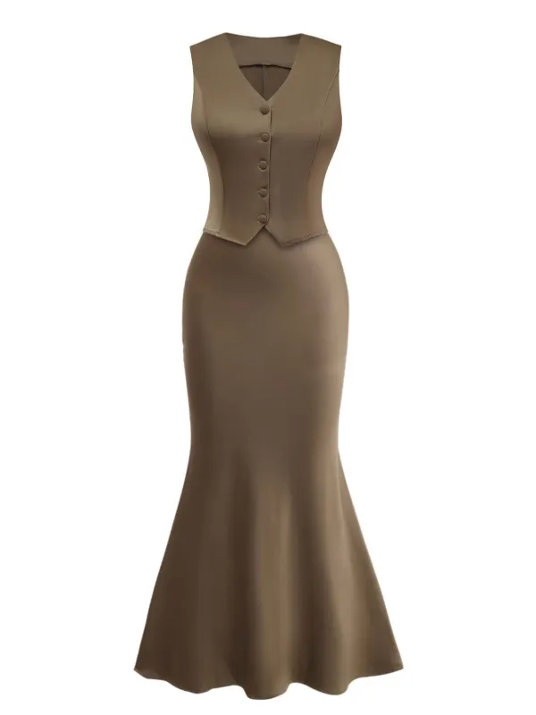 2PCS Brown 1930s Solid Satin Sleeveless V-Neck Vest & Fishtail Skirt sold by Retro Stage