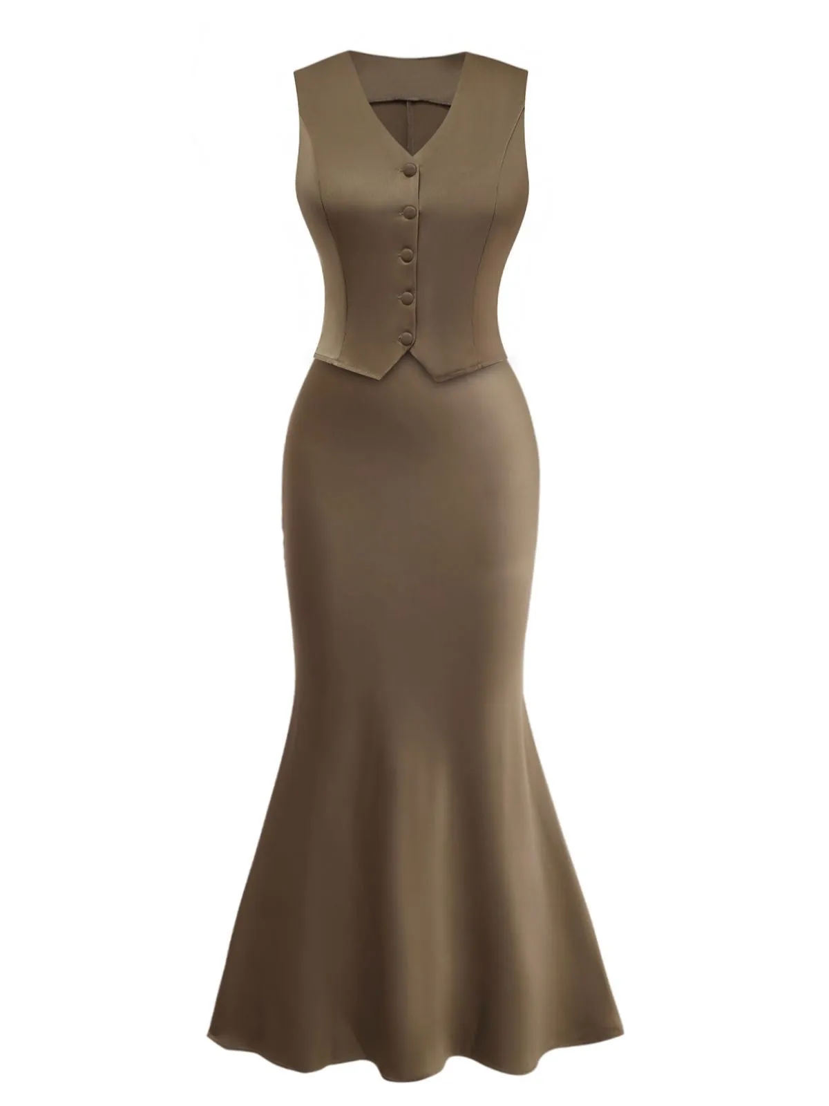 2PCS Brown 1930s Solid Satin Sleeveless V-Neck Vest & Fishtail Skirt sold by Retro Stage