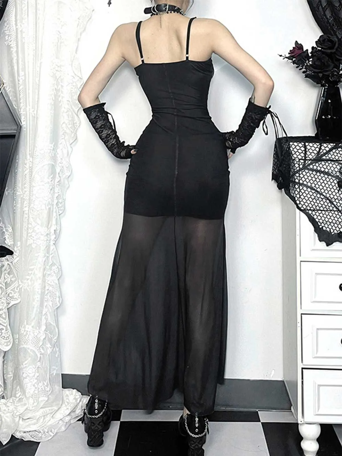 Black 1970s Slip Gothic Skeleton Print Mesh Dress sold by Retro Stage product image thumbnail 4