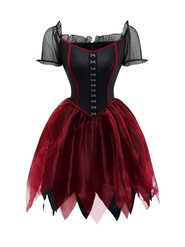 Red 1980s Halloween Mesh Red Riding Hood Dress & Embroidered Cape sold by Retro Stage