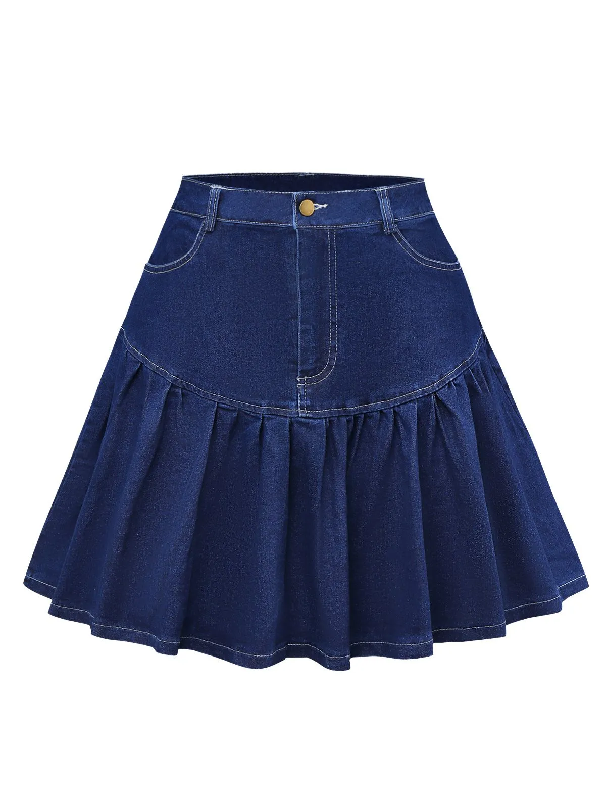 Dark Blue 1960s Ruffled Denim Skirt sold by Retro Stage