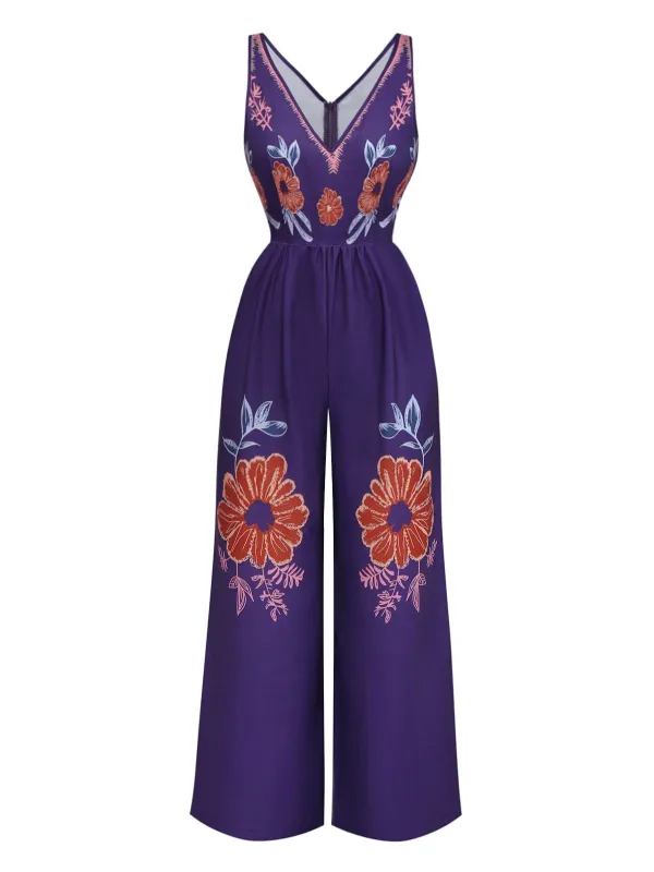 Deep Purple 1970s V-Neck Floral Boho Jumpsuit sold by Retro Stage
