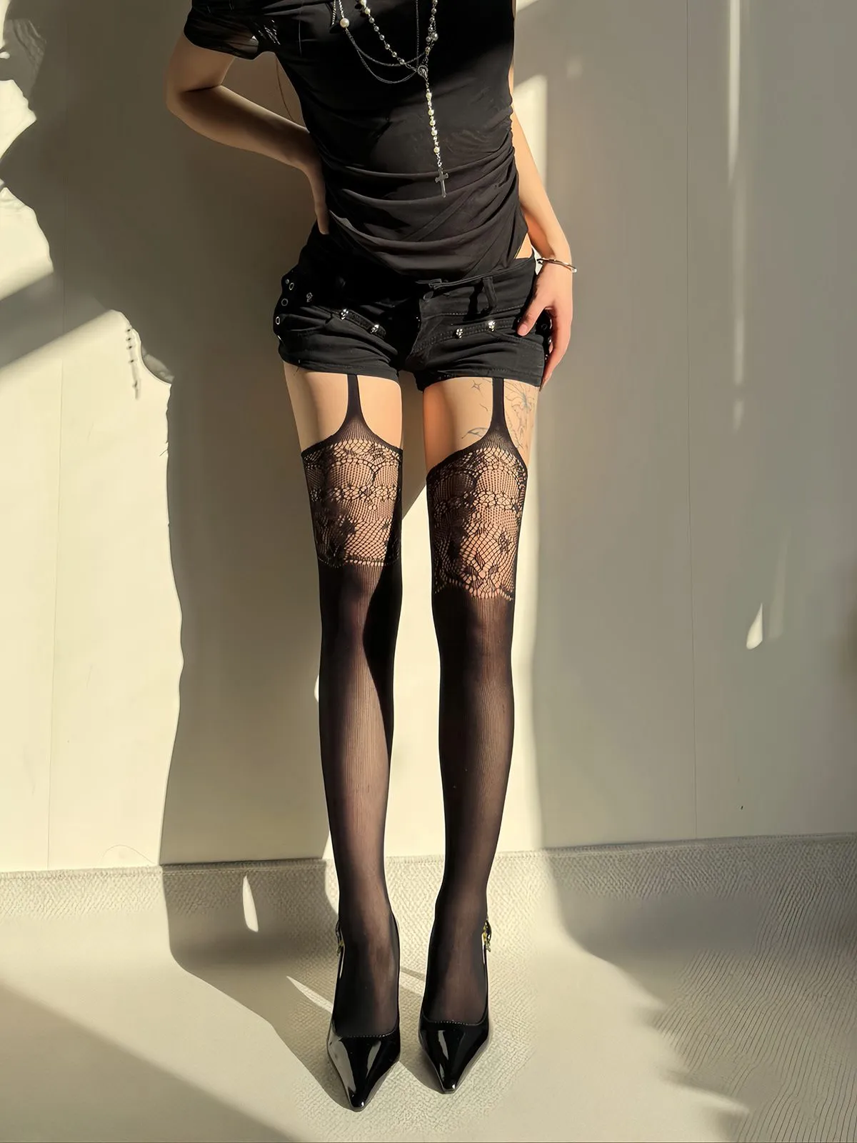 Vintage Lace Solid Suspender Pantyhose sold by Retro Stage product image thumbnail 2