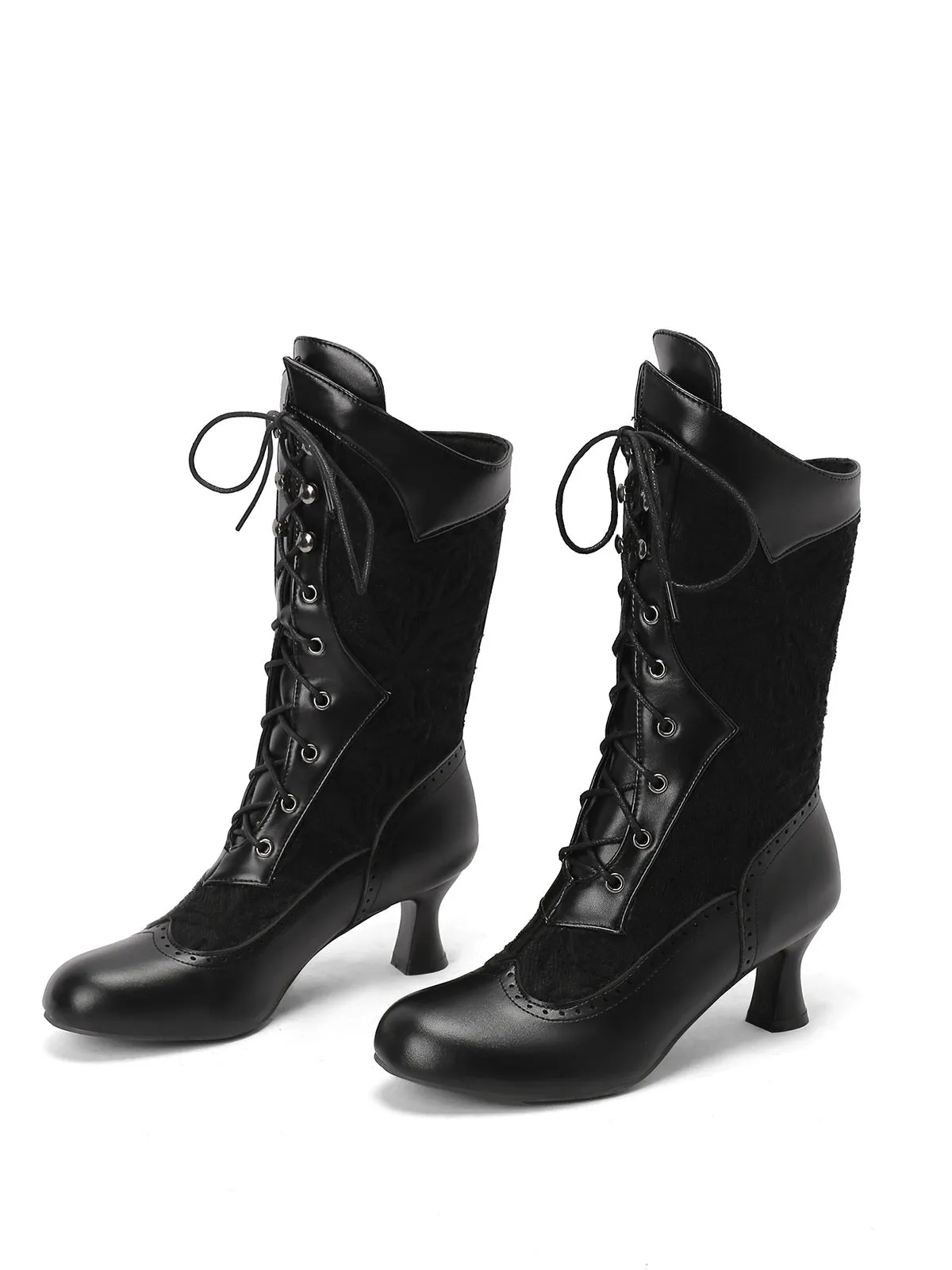 Lace Patchwork Lace-Up Calf-High Boots sold by Retro Stage product image thumbnail 5