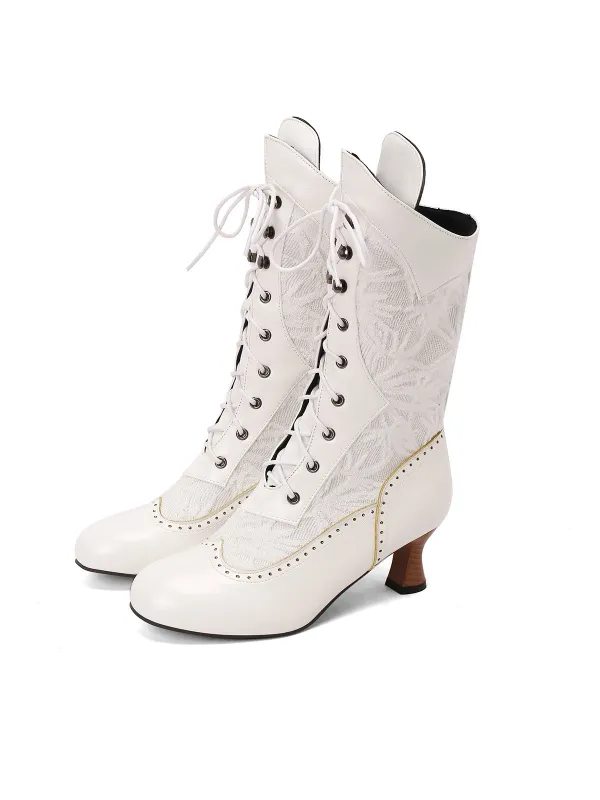 Lace Patchwork Lace-Up Calf-High Boots sold by Retro Stage