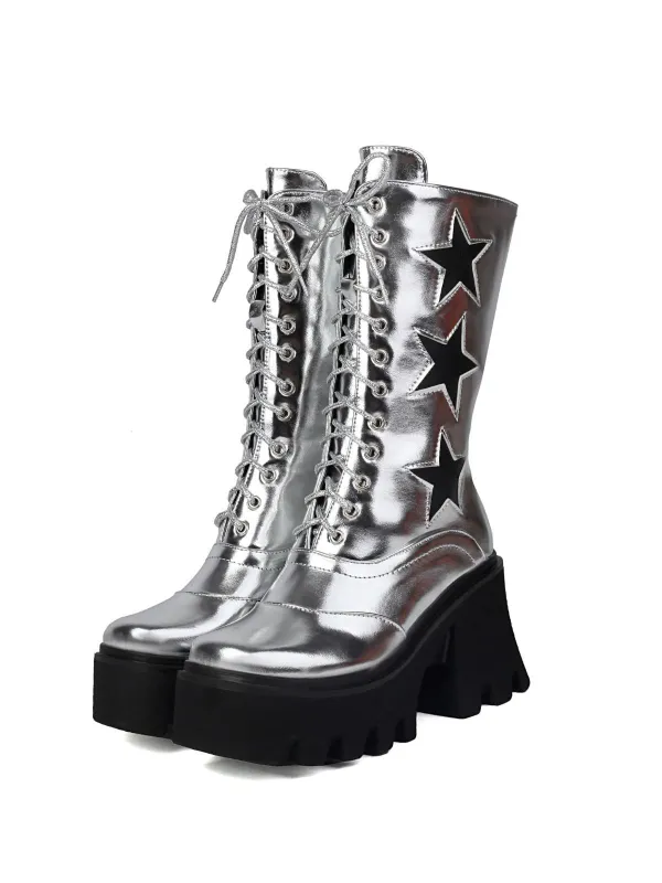 Vintage Steampunk Star Print Platform Mid-Calf Boots sold by Retro Stage