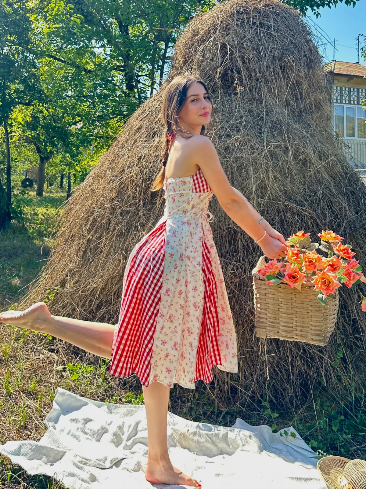 Red 1950s Countryside Floral Plaid Halter Dress sold by Retro Stage product image thumbnail 4