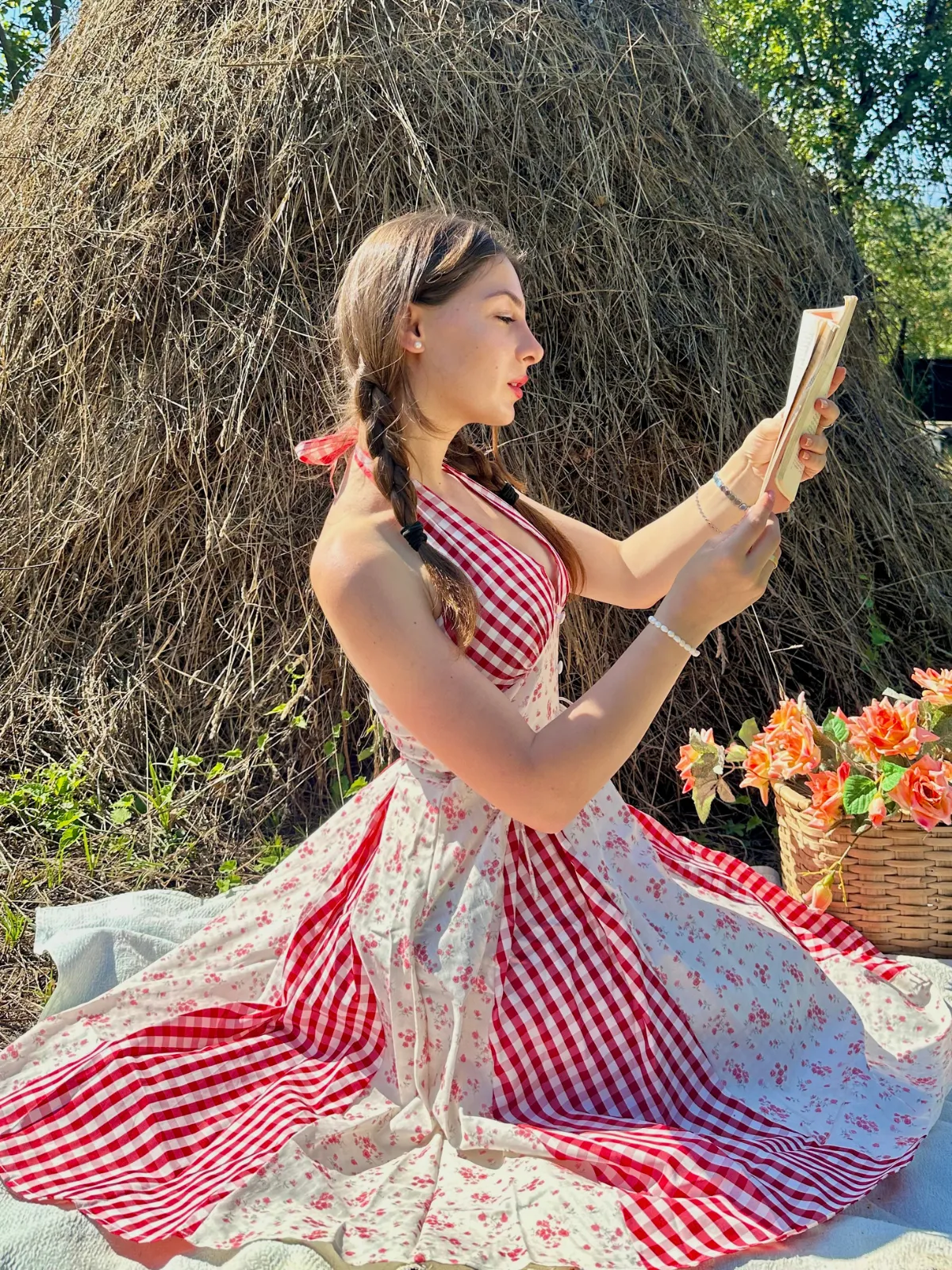 Red 1950s Countryside Floral Plaid Halter Dress sold by Retro Stage product image thumbnail 2