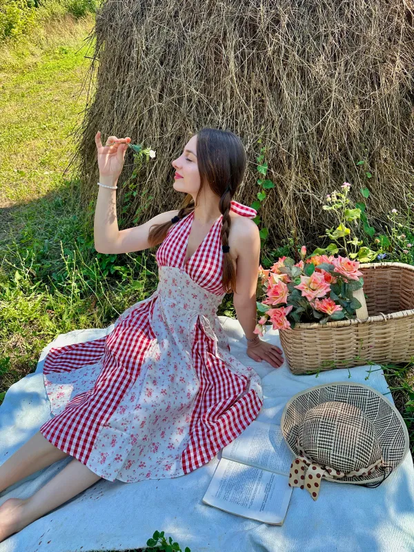 Red 1950s Countryside Floral Plaid Halter Dress sold by Retro Stage