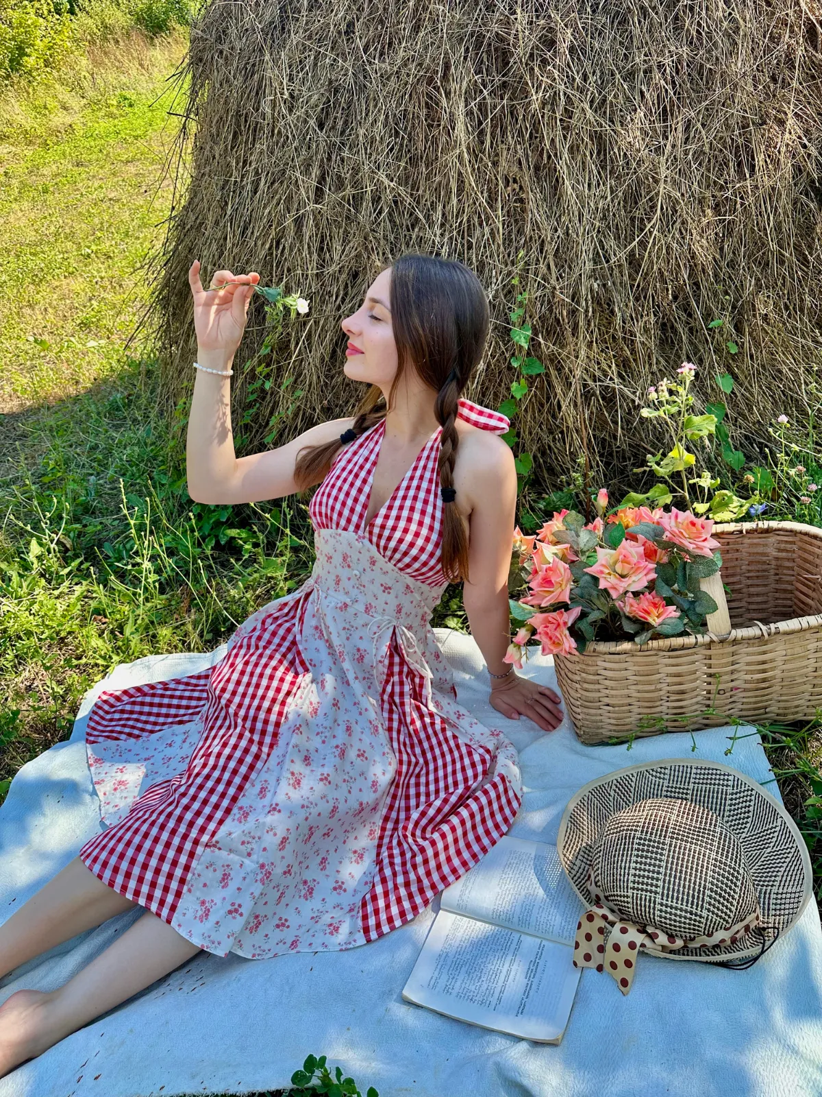 Red 1950s Countryside Floral Plaid Halter Dress sold by Retro Stage