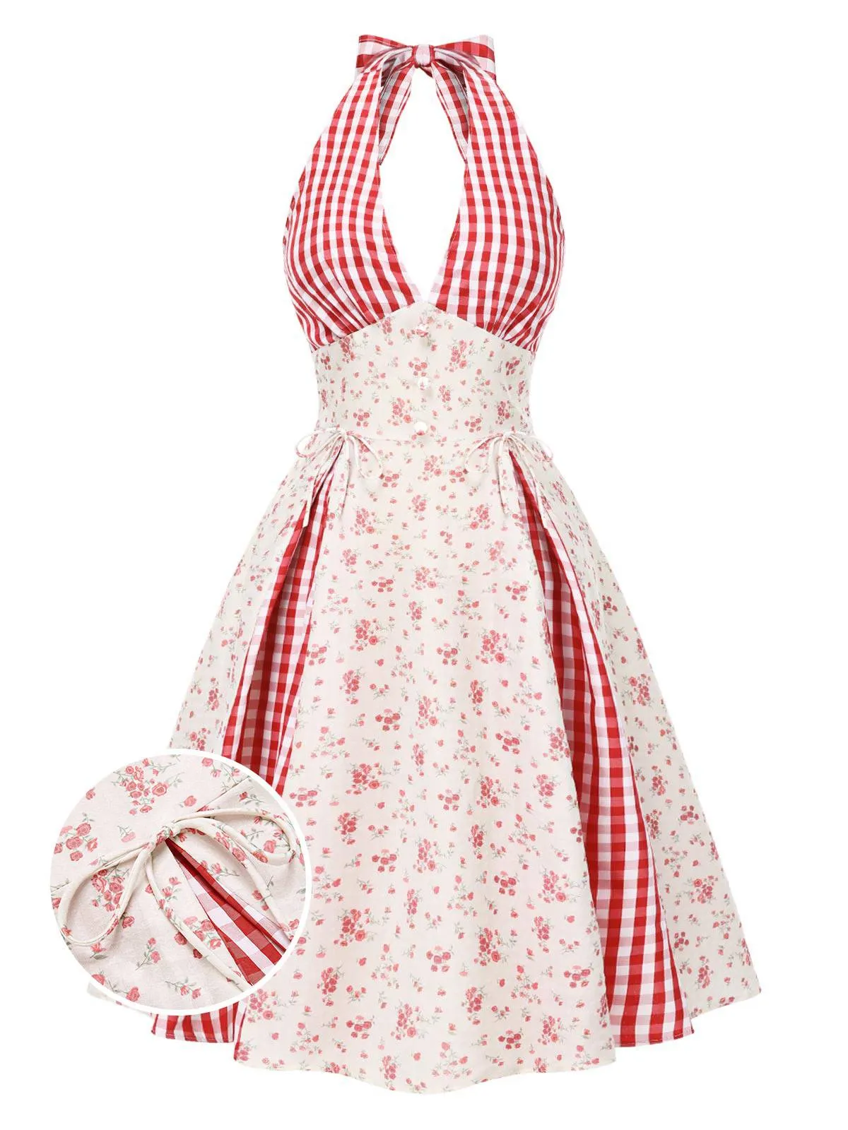 Red 1950s Countryside Floral Plaid Halter Dress sold by Retro Stage product image thumbnail 5