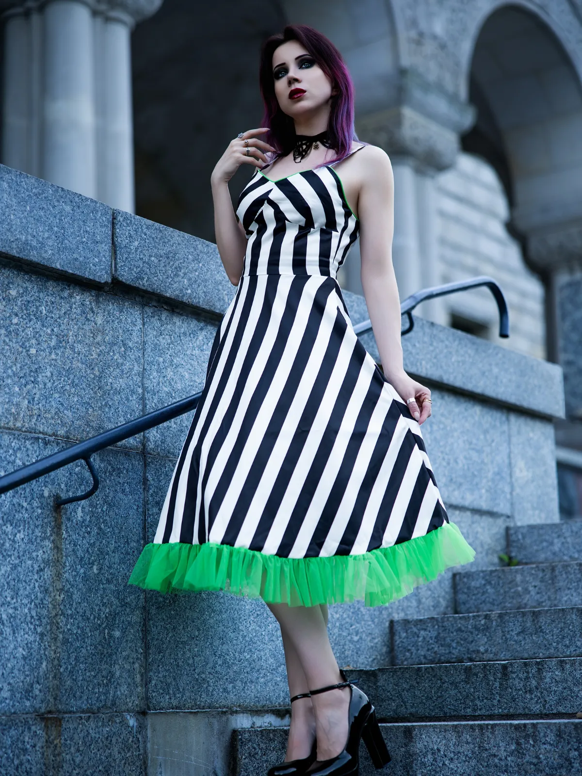 Black&White 1950s Striped Fluorescent Green Lace Dress sold by Retro Stage product image thumbnail 2