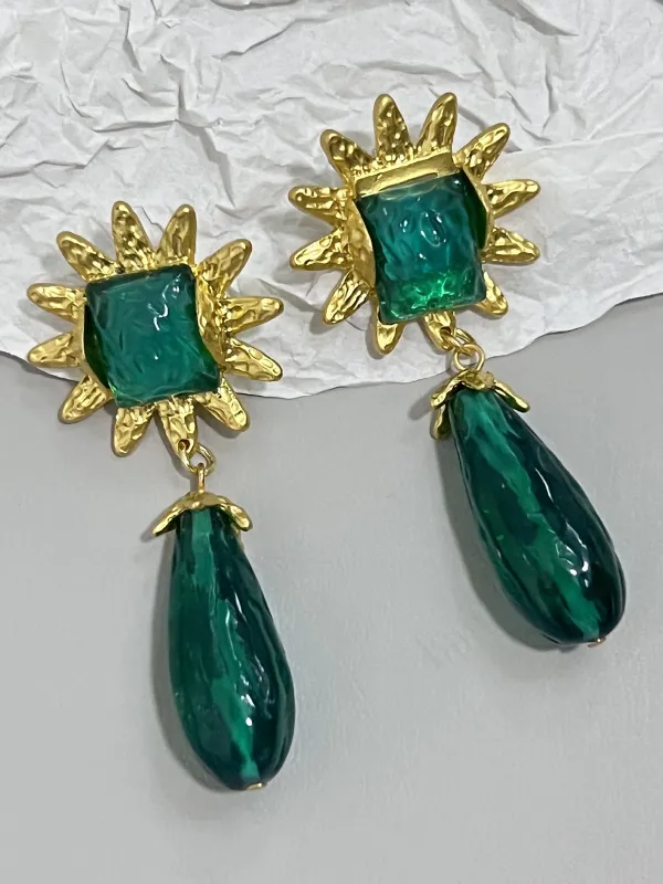 Retro Emerald Gold Trim Alloy Earrings sold by Retro Stage