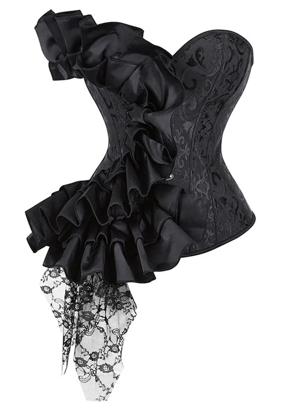 Black 1970s Stempunk Ruffled Lace Patchwork Corset sold by Retro Stage