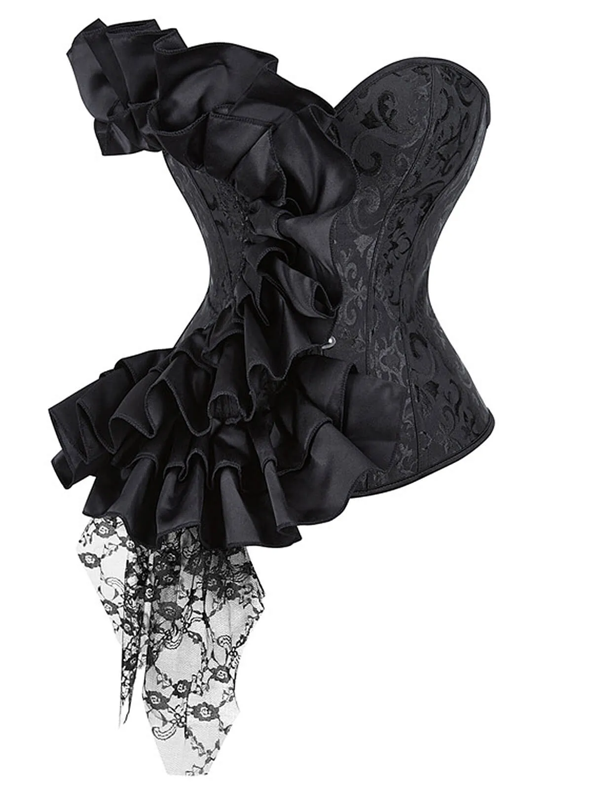 Black 1970s Stempunk Ruffled Lace Patchwork Corset sold by Retro Stage