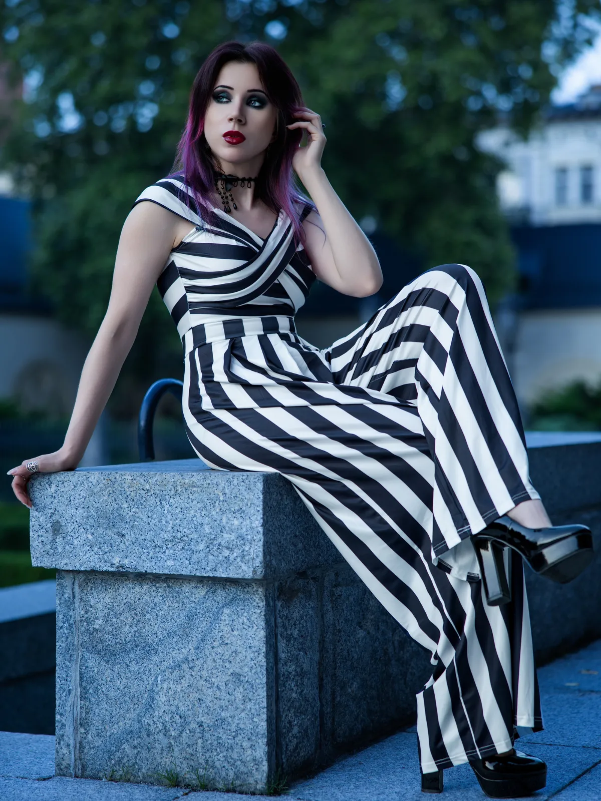 Black 1960s Off-Shoulder Stripes Jumpsuit sold by Retro Stage product image thumbnail 2