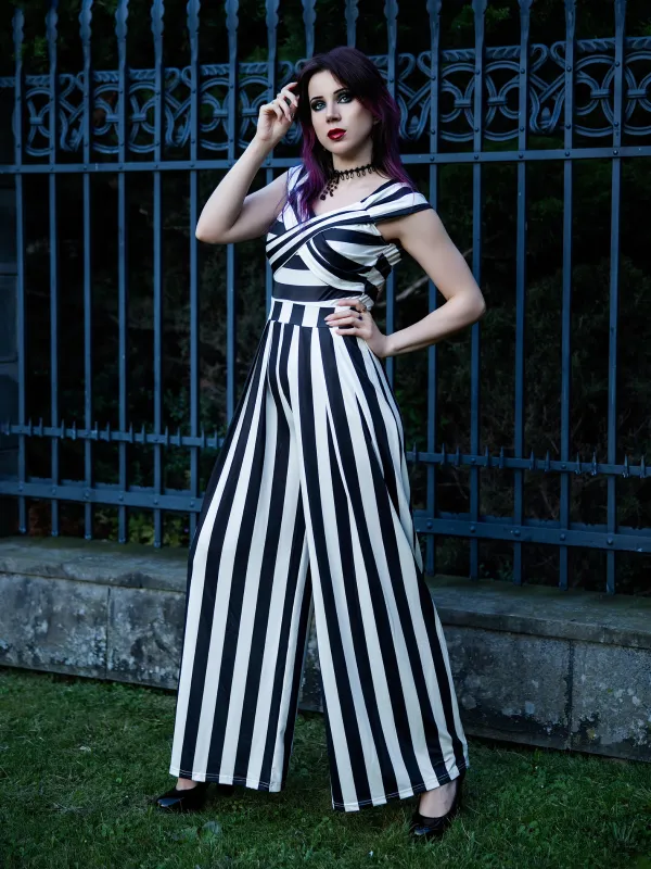 Black 1960s Off-Shoulder Stripes Jumpsuit sold by Retro Stage