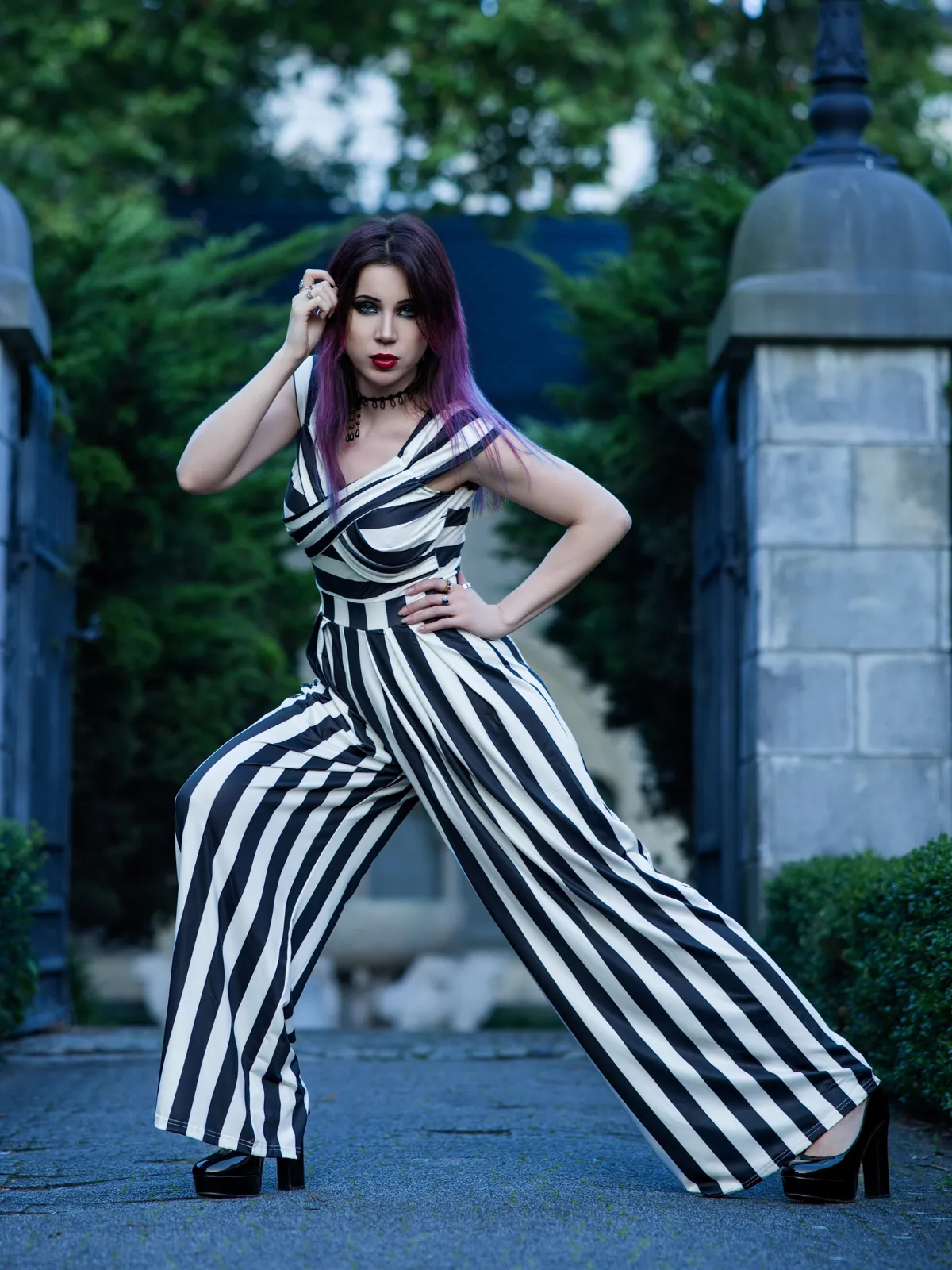 Black 1960s Off-Shoulder Stripes Jumpsuit sold by Retro Stage product image thumbnail 3