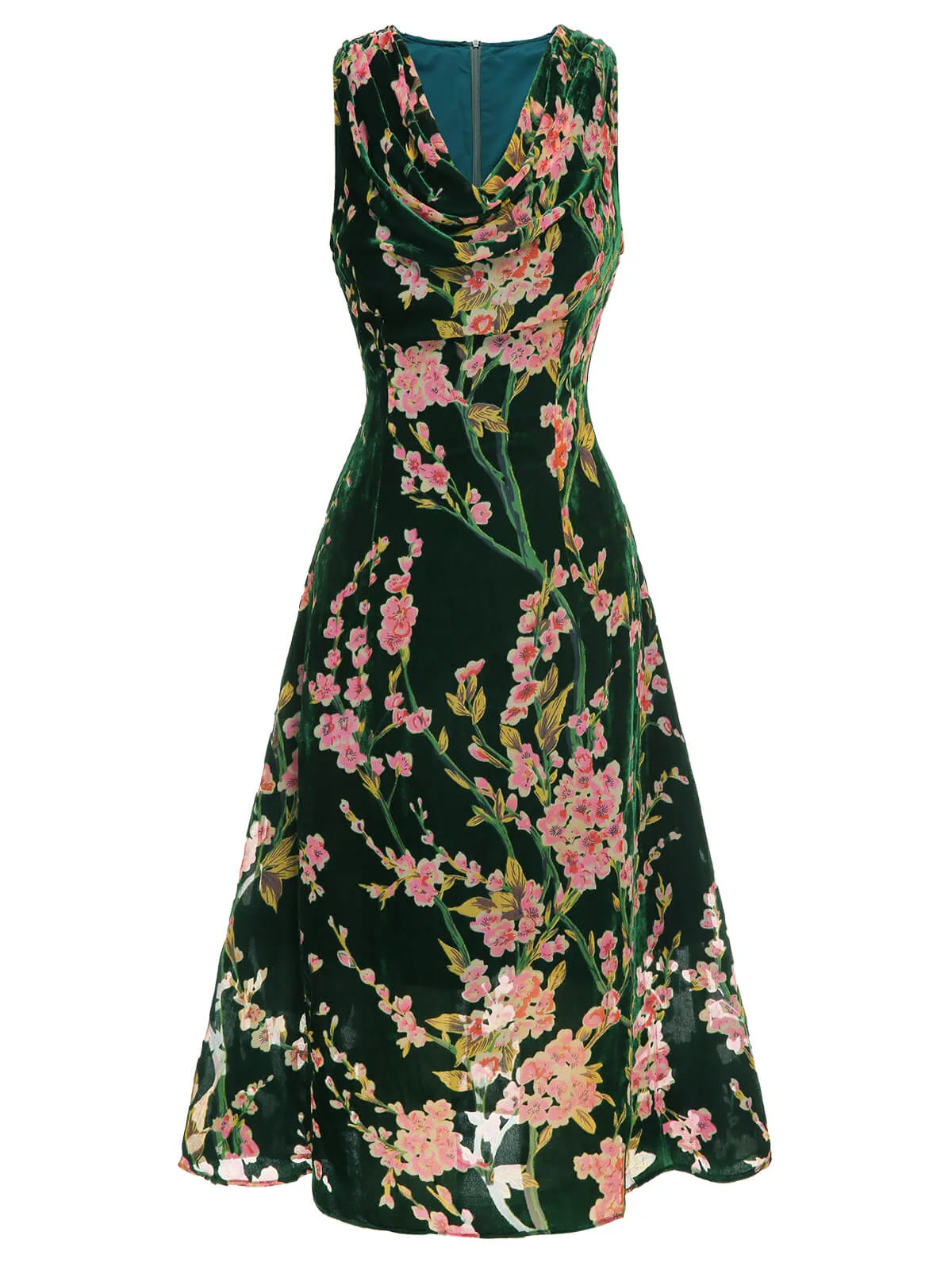 Green 1930s Floral Velvet Sleeveless Dress sold by Retro Stage product image thumbnail 4