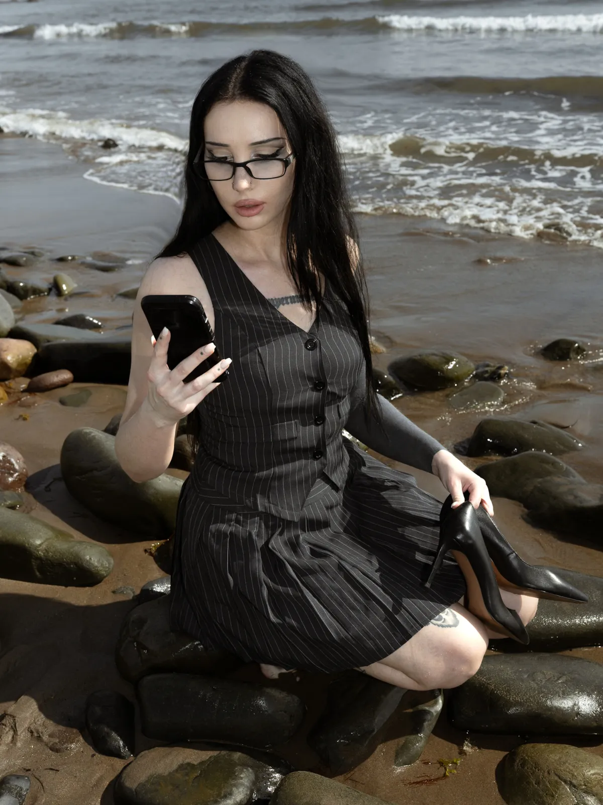 2PCS Dark Gray 1960s Pinstripes Top & Pleated Skirt sold by Retro Stage