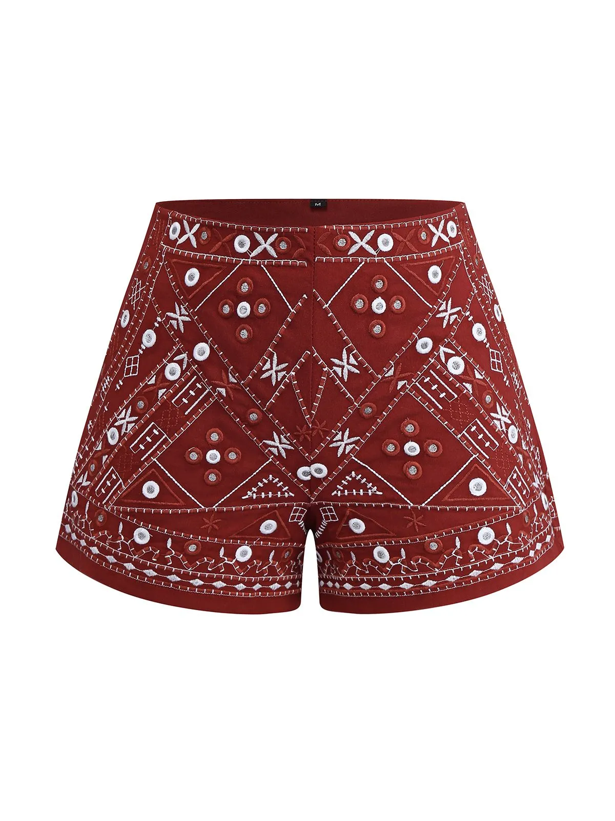 Dark Red 1970s Embroidered Boho Shorts sold by Retro Stage