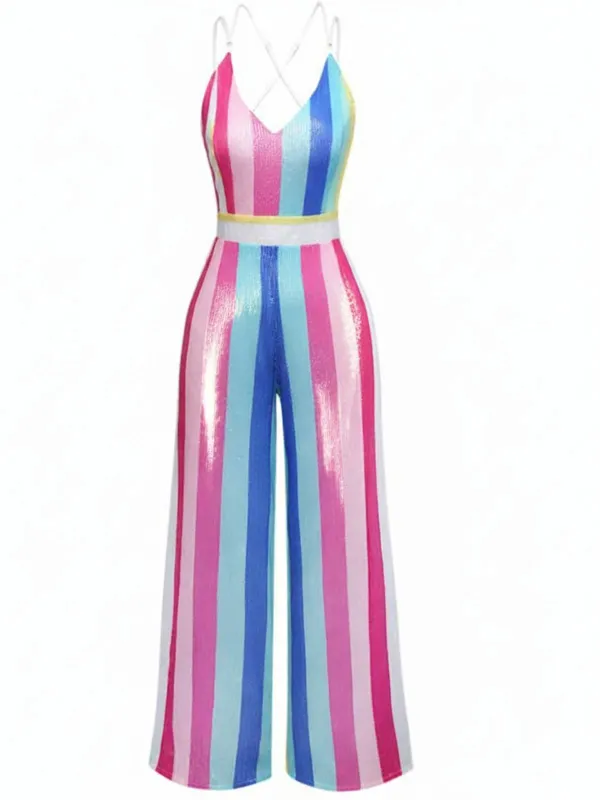 Multicolor 1960s V-Neck Sequined Vertical Striped Jumpsuit sold by Retro Stage
