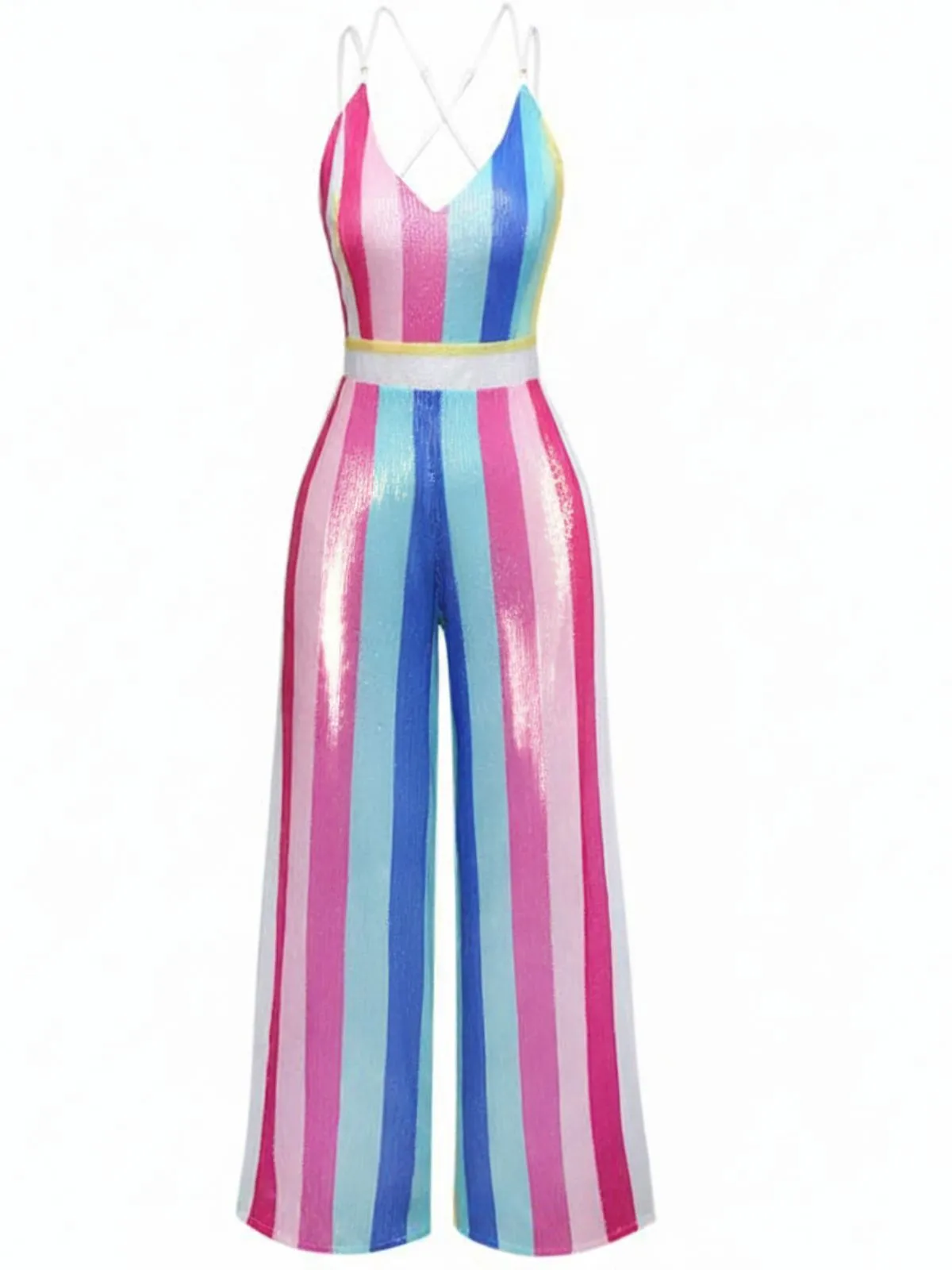 Multicolor 1960s V-Neck Sequined Vertical Striped Jumpsuit sold by Retro Stage
