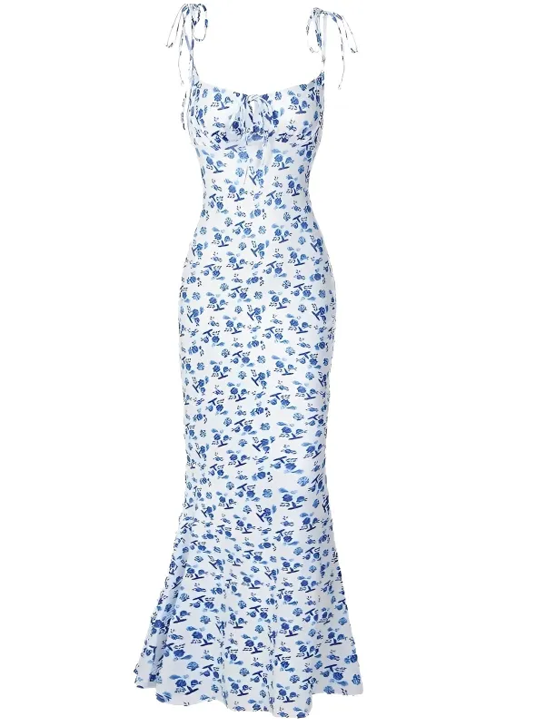 Blue 1930s Ditsy Floral Spaghetti Strap Fishtail Dress sold by Retro Stage