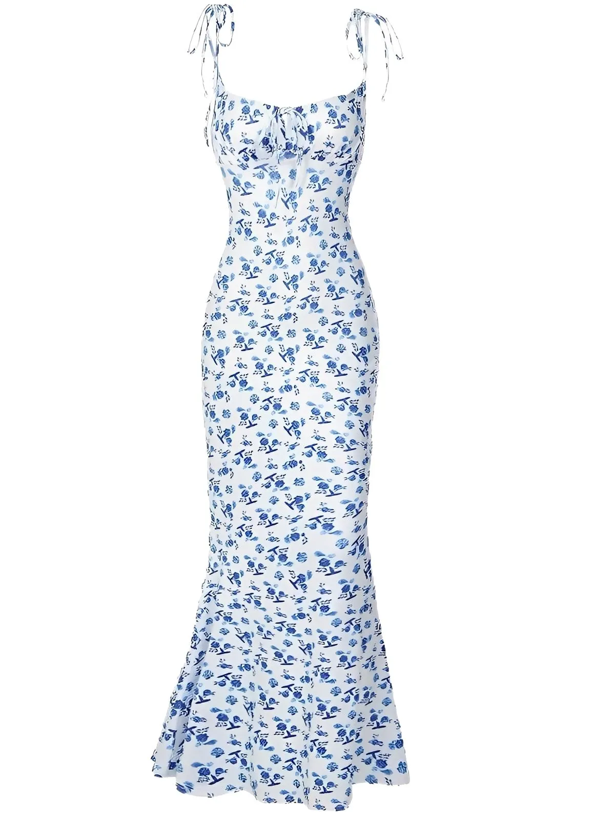 Blue 1930s Ditsy Floral Spaghetti Strap Fishtail Dress sold by Retro Stage
