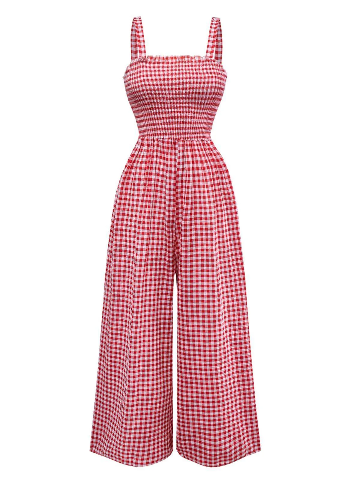 1950s Gingham Plaid Smocked Strap Jumpsuit sold by Retro Stage
