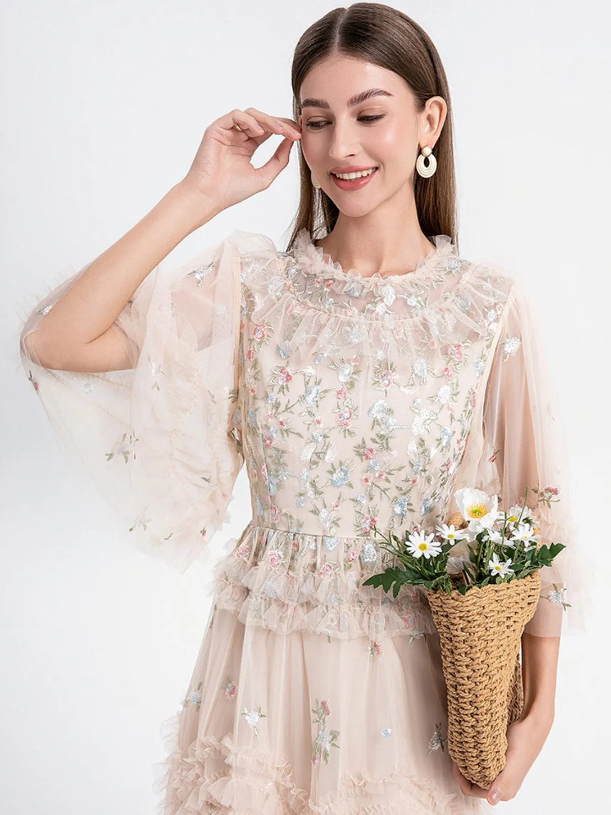 Beige 1930s Floral Embroidery Illusion Mesh Ruffled Dress sold by Retro Stage product image thumbnail 4