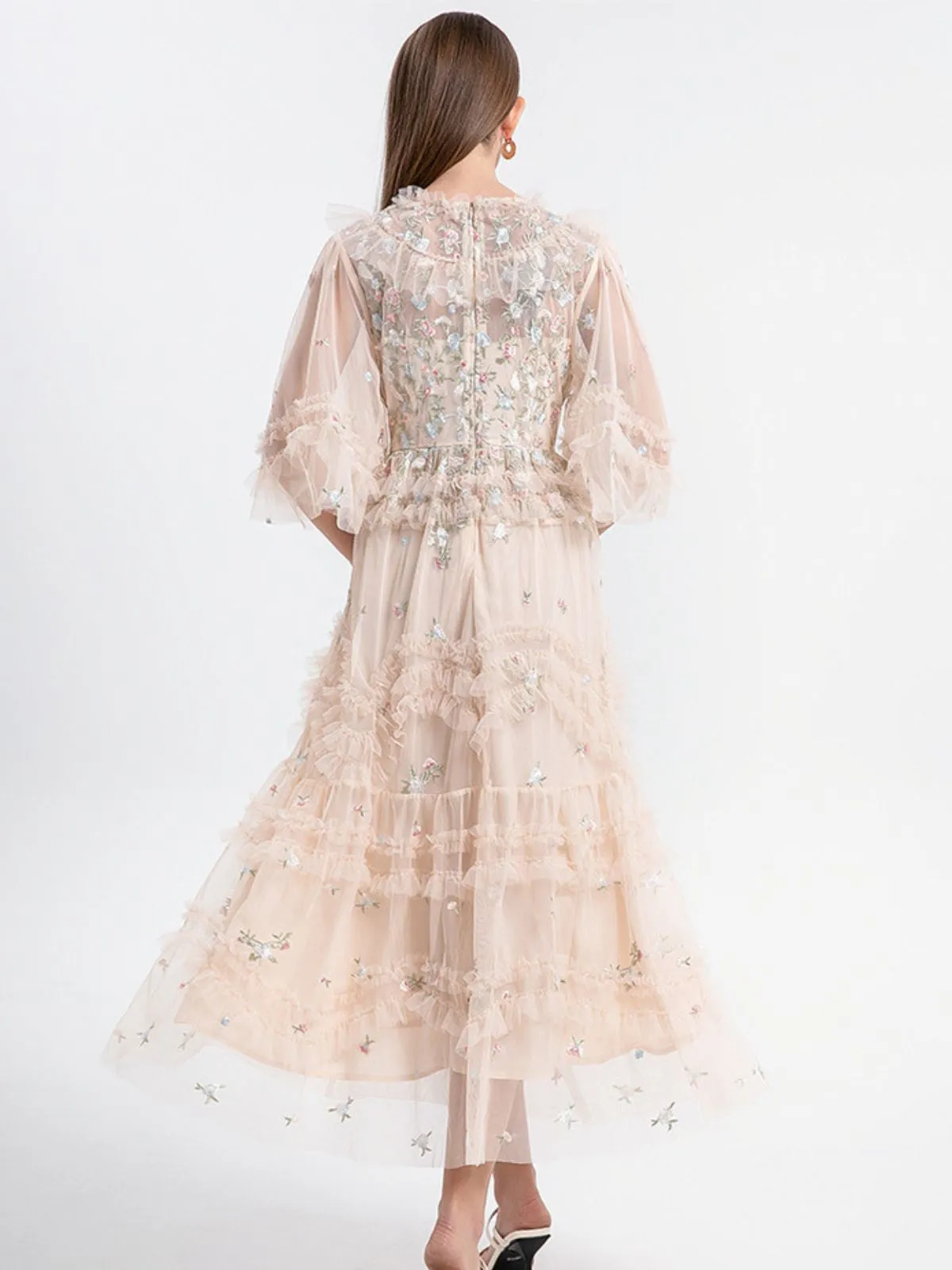 Beige 1930s Floral Embroidery Illusion Mesh Ruffled Dress sold by Retro Stage product image thumbnail 5