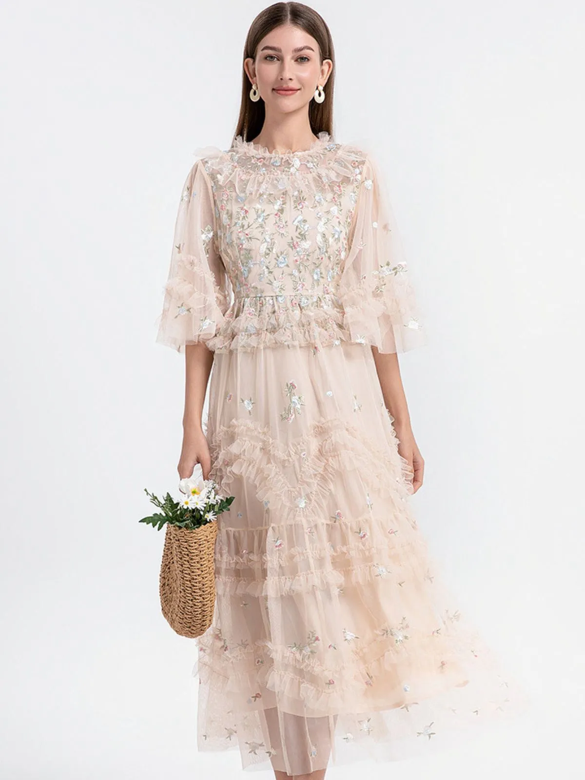 Beige 1930s Floral Embroidery Illusion Mesh Ruffled Dress sold by Retro Stage product image thumbnail 2