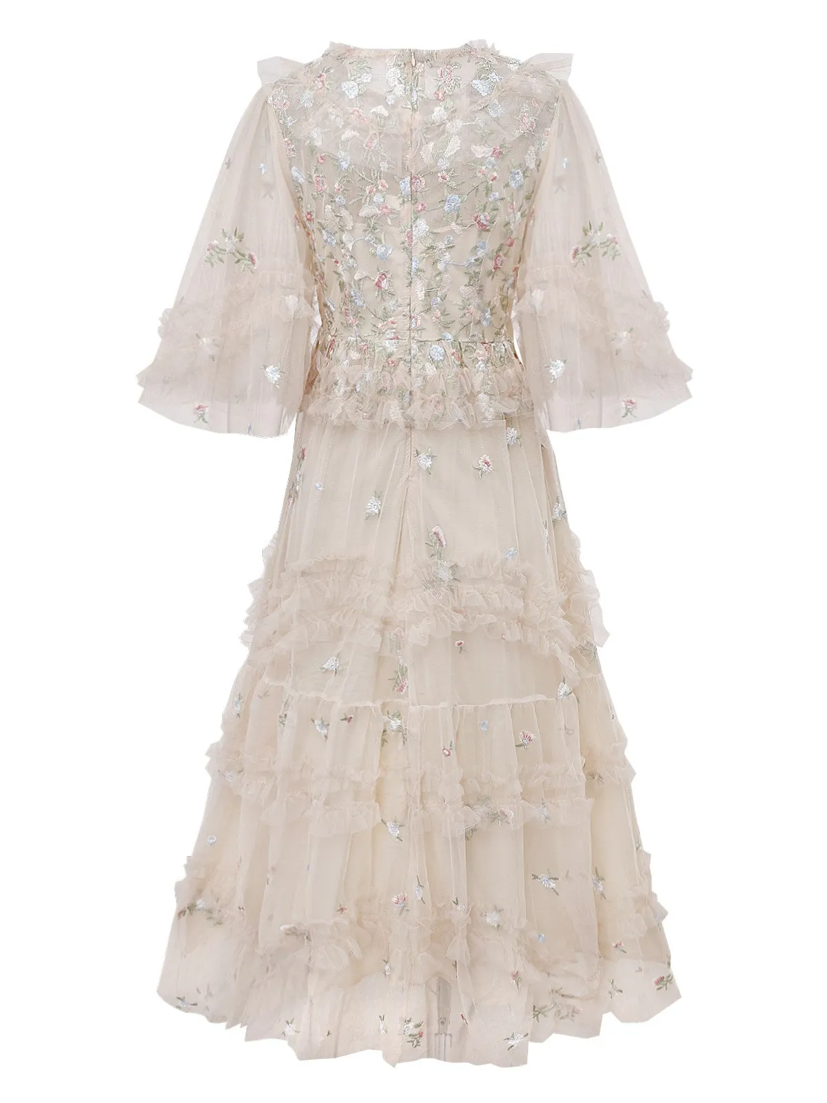Beige 1930s Floral Embroidery Illusion Mesh Ruffled Dress sold by Retro Stage product image thumbnail 3