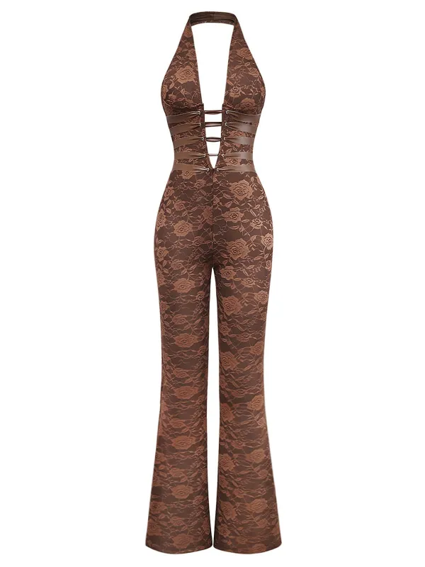 Brown 1970s Solid Lace-Up Floral Lace Jumpsuit sold by Retro Stage