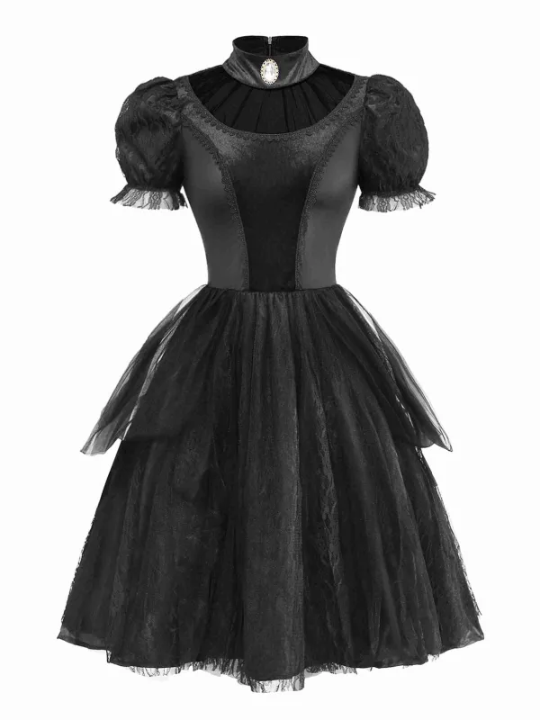Black 1950s Evil Vampire Puff Sleeve Mesh Dress sold by Retro Stage